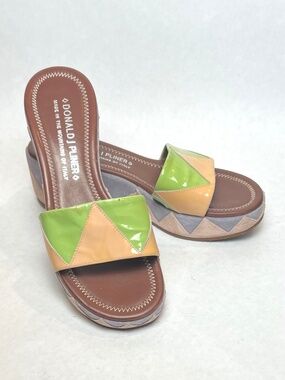 Donald Pliner Suede Patent Leather Colorblock Wedge Sandals 90s Y2K Sz 7
